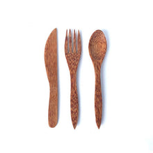 Load image into Gallery viewer, Huski Home set of 3 coconut wood cutlery spoon fork knife - Huski Home is a family run eco-conscious business in London
