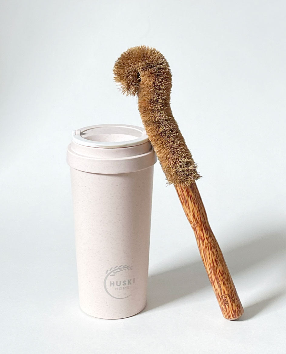 huski home eco-friendly reusable travel cup with biodegradable natural coconut wood bottle brush