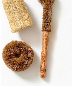 huski home eco friendly natural loofa sponge, coconut scrubber, and biodegradable coconut wood bottle brush